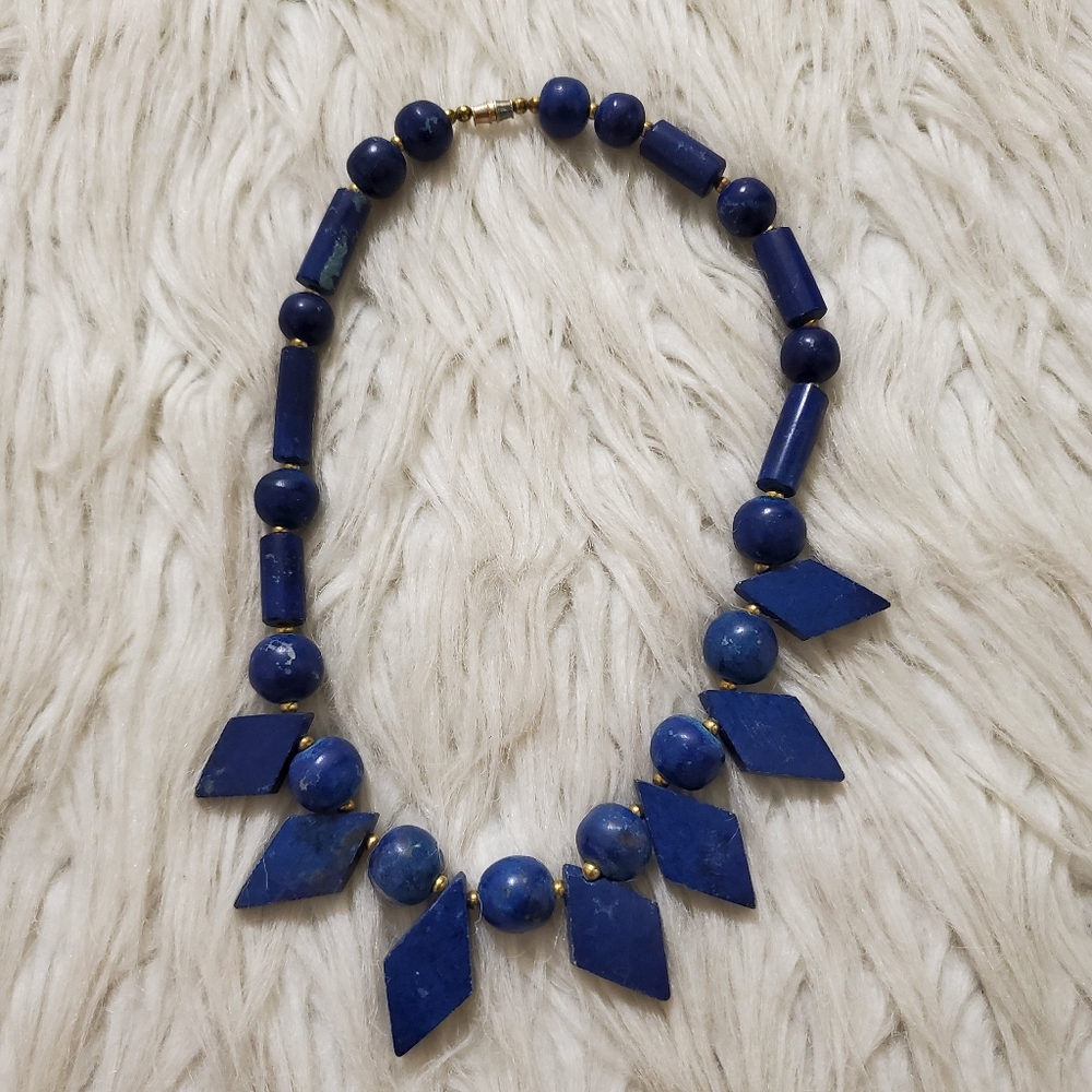 Blue Lapis Necklace With Triangles And Gold Beads